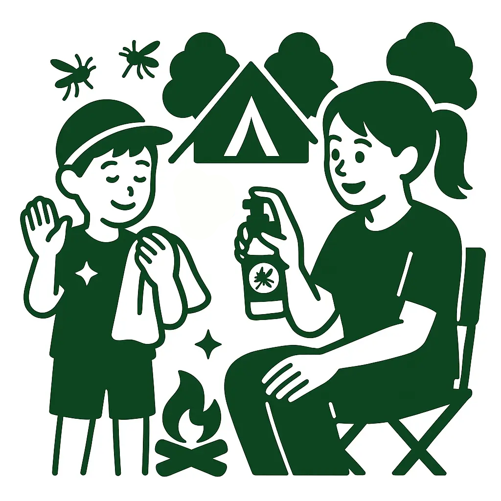 キャンプで虫よけするイラスト
